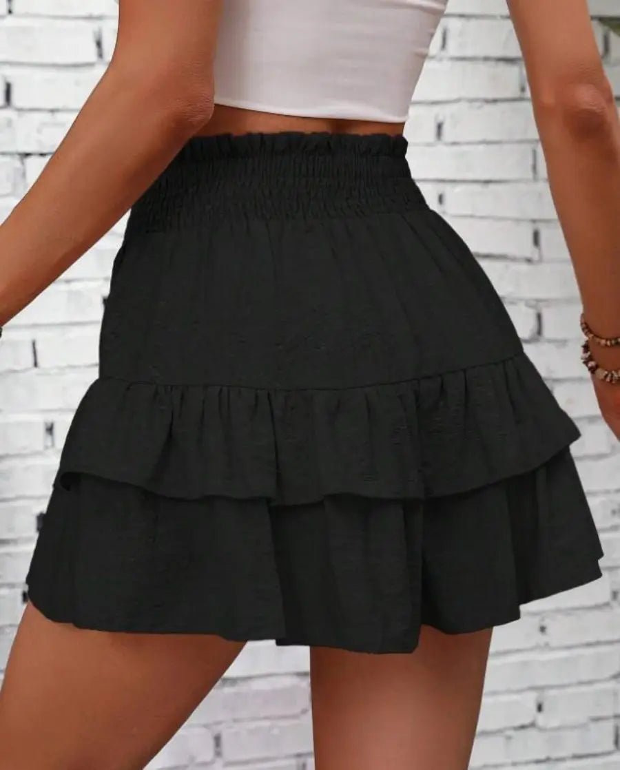 Ruffle Layered Shorts - Elastic Waist, Mid - Rise Fit - Zandorue